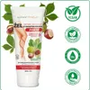 A tube of Botanic Help gel with horse chestnut extract, surrounded by horse chestnut leaves and nuts, with several certification icons on the right. Podgląd zdjęcia produktu