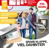 A family is standing in front of a mailbox, with the mailbox open and mail visible inside. The image also features graphics and text highlighting the mailbox's features. Produktbild-Vorschau