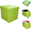 A collage of images showing a green storage ottoman in various states: fully assembled, folded flat, partially open, and filled with pillows. Produktbild-Vorschau