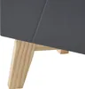 A close-up view of the bottom corner of a gray cabinet with wooden legs. Podgląd zdjęcia produktu