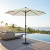 An outdoor patio scene with a pool, lounge furniture, and a beige umbrella with LED lights. Náhled obrázku produktu
