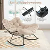 A beige rocking chair with a black metal frame is shown in a room with a window and a checkered rug. Insets highlight features like the rocking mechanism and anti-rollover design. Anteprima dell’immagine prodotto