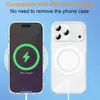 Two transparent phone cases are shown, one on a wireless charger and one showing the magnetic charging ring. Produktbild-Vorschau
