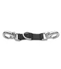 A black nylon strap with two silver metal snap hooks and a silver ring in the center, isolated on a white background. Produktbild-Vorschau