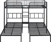 A black metal bunk bed frame with two lower beds and a top bunk, featuring a ladder and railings. Voir les images du produit