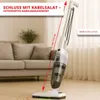 A white and gray stick vacuum cleaner is shown standing on a wooden floor in a living room setting, with a sofa in the background. Text overlays highlight product features. Produktbild-Vorschau