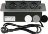 A pop-up power outlet with three sockets, a power cord, and sample covers for different colors. Produktbild-Vorschau