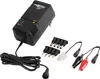 A black battery charger with various adapter cables and connectors is displayed on a white background. Produktbild-Vorschau