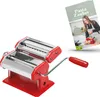 A red pasta maker and a recipe book are shown on a white background. Produktbild-Vorschau