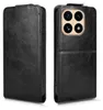 Two views of a black leather flip case for a smartphone, shown from the front and back. Produktbild-Vorschau