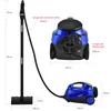 A diagram showing the dimensions of a blue steam cleaner and its accessories. Voir les images du produit