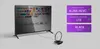 A television with various channel logos displayed on its screen, connected to a DVB-T2 antenna. Beside it are three purple boxes with text and checkmarks, highlighting product features. Anteprima dell’immagine prodotto
