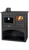 A black wood-burning stove with an oven and a metal plate on top. Anteprima dell’immagine prodotto