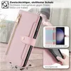 A pink phone case with a zipper and card slots, shown from different angles and with illustrative diagrams. Produktbild-Vorschau
