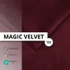 A sample of burgundy colored velvet fabric with text and icons overlayed. Produktbild-Vorschau
