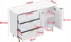 A white sideboard with gold accents, shown with dimensions indicated by red text and lines. Podgląd zdjęcia produktu