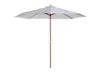 A white patio umbrella with a wooden pole and ribs, shown against a white background. Produktbild-Vorschau