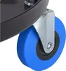 A close-up view of a blue caster wheel attached to a black object, likely part of a workshop stool. Produktbild-Vorschau