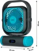 A portable fan with a digital display and dimensions shown. Produktbild-Vorschau