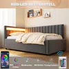 A bedroom scene featuring a gray upholstered bed frame with integrated LED lighting. Voir les images du produit