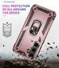A rose gold phone case with a ring stand is shown falling and breaking apart rocks, emphasizing its durability. Produktbild-Vorschau