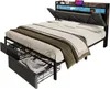 A bed with storage drawers and a headboard with integrated lighting. Voir les images du produit