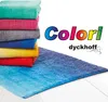 A stack of colorful towels next to a larger blue towel, with brand text overlayed. Produktbild-Vorschau