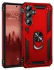 A red rugged phone case with a built-in ring stand is shown next to a smartphone displaying a forest scene and the time. Produktbild-Vorschau