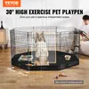 A dog is inside a hexagonal pet playpen, with a person reading a book in the background. Voir les images du produit