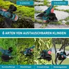 A collage of images showing different attachments and uses of a cordless trimmer. Produktbild-Vorschau