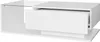 A white, modern coffee table with a drawer and a glass top, shown from a side angle against a white background. Produktbild-Vorschau