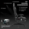 A gaming chair with various reclining angles and features highlighted with text. Produktbild-Vorschau