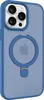 A blue iPhone case with a circular cutout for an Apple AirTag is shown against a white background. Produktbild-Vorschau