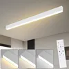 A long, white LED ceiling light is shown mounted on a white ceiling. The image includes three smaller inset images showing different light temperatures and a remote control. Anteprima dell’immagine prodotto