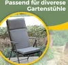 A gray garden chair cushion is shown on a garden chair, with greenery in the background. The image has a green and yellow overlay with text. Produktbild-Vorschau