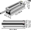 Two views of a stainless steel sausage stuffer with dimensions indicated. Náhled obrázku produktu