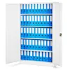 A white metal filing cabinet with its doors open, filled with blue binders. Produktbild-Vorschau