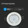 A round, white LED downlight fitting with a GU10 socket is shown against a dark background. Text overlays provide product information. Voir les images du produit