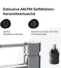 Close-up of a faucet with marketing text and icons highlighting its features. Produktbild-Vorschau
