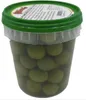 A clear, well-lit studio shot of a plastic container filled with green olives. Produktbild-Vorschau