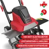 A close-up, angled view of a red and black electric garden tiller, with marketing text overlays. Produktbild-Vorschau