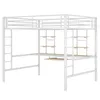 A white metal loft bed with an integrated desk and shelves. Produktbild-Vorschau