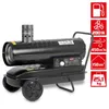 A black diesel heater with a silver exhaust pipe, mounted on a wheeled frame. It is shown against a white background with several icons and text on the right side. Produktbild-Vorschau