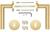 A set of disassembled gold door handles and related hardware, laid out on a white background. Produktbild-Vorschau