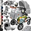 A collage of images showcasing a baby stroller and its various components and accessories, along with color swatches. Produktbild-Vorschau