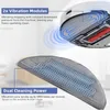 Close-up of a robot vacuum cleaner's mopping attachment and a diagram showing its vibration modules. Voir les images du produit