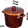 A brown ceramic pot with a lid and handles, with dimensions and capacity indicated by text overlays. Produktbild-Vorschau