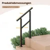 A black metal handrail is shown installed on wooden steps, with green bushes in the background. Dimensions are indicated with text overlays. Podgląd zdjęcia produktu
