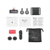 A flat lay of a wireless lavalier microphone system and its accessories, including the receiver, transmitters, charging case, cables, and documentation. Anteprima dell’immagine prodotto