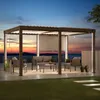 An outdoor patio area with a modern pergola, seating, and a sunset view. Produktbild-Vorschau